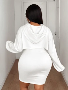 Maweii Plus Size Solid Color Hoodie Top & Cami Dress 2 Pieces Set - White - View 3