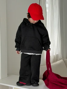 DAZY Baby Boy Solid Color Pocket Hoodie And Sweatpants Casual Set - Grey - View 5