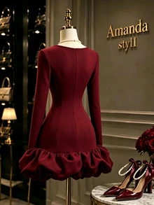 GlowEve Women's Elegant Party Dinner Ruffle Hem Dress Burgundy Winter - Burgundy - View 2