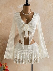 Soleia 春夏季秋季新款女款兩件套，休閒度假風，適合返校季、西式海灘婚禮賓客裝、畢業早午餐、聖帕特里克節、春假、復活節、音樂節，優雅波希米亞熱帶風，飾有荷葉邊，杏色 - 杏色 - 查看 4