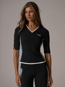 Musera Sport V Neck Logo Front Contrast Side Stripe Fitted Quarter Sleeve Coord Top Fall Autumn Winter Gym Active Pilates Motion - Black - View 1