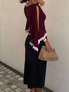 Siren Gaze Women's Elegant Commute Lace Patchwork Cape Sleeve Blouse - Burgundy - View 2