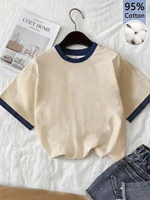 Tseoso 95% Cotton Casual Minimalist Blue & Beige Colorblock Round Neck Short Sleeve Loose Fit Women's T-Shirt, Suitable For Autumn, Basic Classic Style, Versatile For Multiple Occasions - Multicolor - View 8