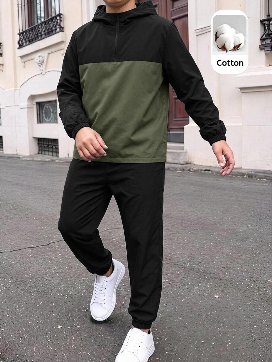 SHEIN 2件組兒童青少年男孩半拉鍊連帽外套與慢跑長褲套裝,適合通勤、上學、日常休閒、戶外、運動,秋冬穿著 - 軍綠色 - 查看 1