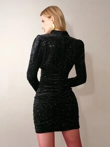 MOTF PREMIUM SPARKLY SEQUIN DECORATED PETAL SLEEVE TIE-FRONT RUCHED BODYCON MINI DRESS - Black - View 7
