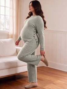SHEIN Apricot Long Maternity Plus Size 2 Pieces Set, Round Neck Long Sleeve Top With Split Hem And Buttons, Casual Comfortable Wide Leg Pants, Autumn/Winter - Apricot - View 5