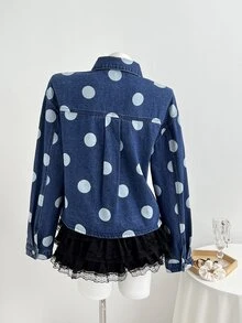 Mori Grove Mori Grove Festival Size Women's Blue Non-Stretch Printed Polka Dot Fitted Long Sleeve Jacket - Dark Wash - View 3