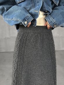 FRIFUL Women's Cable Knit Long Casual Versatile Midi Skirt Fall - Grey - View 8