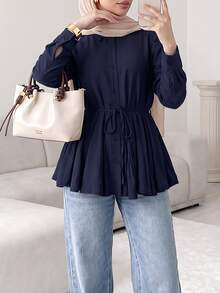 Solavon Women's Casual Solid Color Shirt, Autumn - Navy Blue - View 3