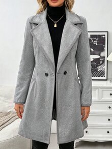 SHEIN 女款優雅休閒通勤黑白拼接長款大衣 - 灰色 - 查看 3