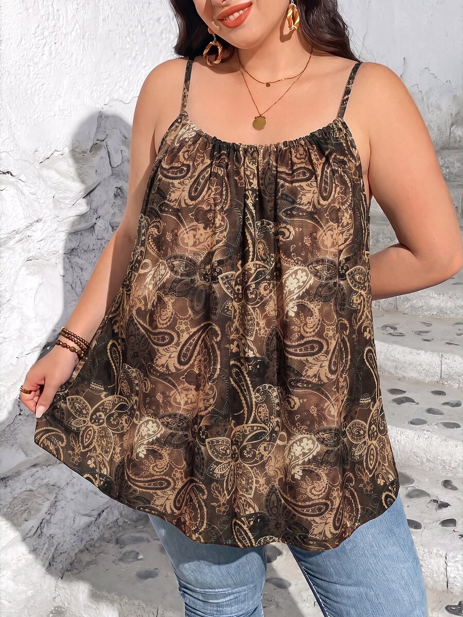 SHEIN CURVE+ 大尺碼女款夏季休閒寬鬆抓皺 - 棕色 - 查看 1