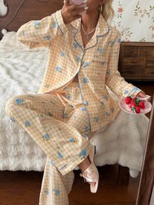 CottageSlumber Fresh Plaid Blue Ditsy Floral Lapel Button-Up Pajama Set - Yellow - View 4