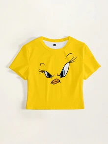 LOONEY TUNES X SHEIN Kaos Lengan Pendek Kasual Wanita Motif Kartun untuk Sehari-hari - Putih - View 3