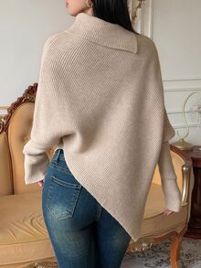 DAZY Autumn/Winter Asymmetrical Hem Cape Batwing Sleeve Metal Button Decor Commute Elegant Women Blouse - Apricot - View 2