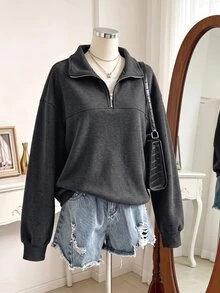 SHEIN Sparklyn 青少年女孩純色落肩長袖半拉鍊休閒運動衫 - 深灰色 - 查看 4