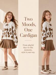 Girls' Vintage Leopard Print Bow Knitted Cardigan, Autumn Big Tween Girl Round Neck Single-Breasted Sweater Top - White - View 6