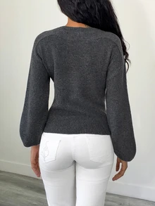 Elenzga Women's Solid Color Round Neck Dropped Shoulder Long Sleeve Side Waist Metal Decor Sweater - Black - View 2