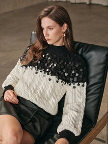 Anewsta French Autumn/Winter High-End Fashion Design Elegant Sophisticated Evening Style Heavy Beaded Sequin Wheat Pattern High Neck Knit Sweater - Black and White - View 5
