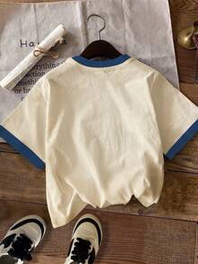 Tseoso 95% Cotton Casual Minimalist Blue & Beige Colorblock Round Neck Short Sleeve Loose Fit Women's T-Shirt, Suitable For Autumn, Basic Classic Style, Versatile For Multiple Occasions - Multicolor - View 2