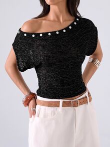 LYSMO 女款不對稱領口鈕扣裝飾針織上衣 - 黑色 - 查看 5