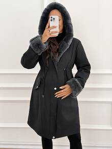 SHEIN Maternity Solid Color Long Sleeve Patchwork Faux Fur Drawstring Waist Hooded Jacket - Multicolor - View 4