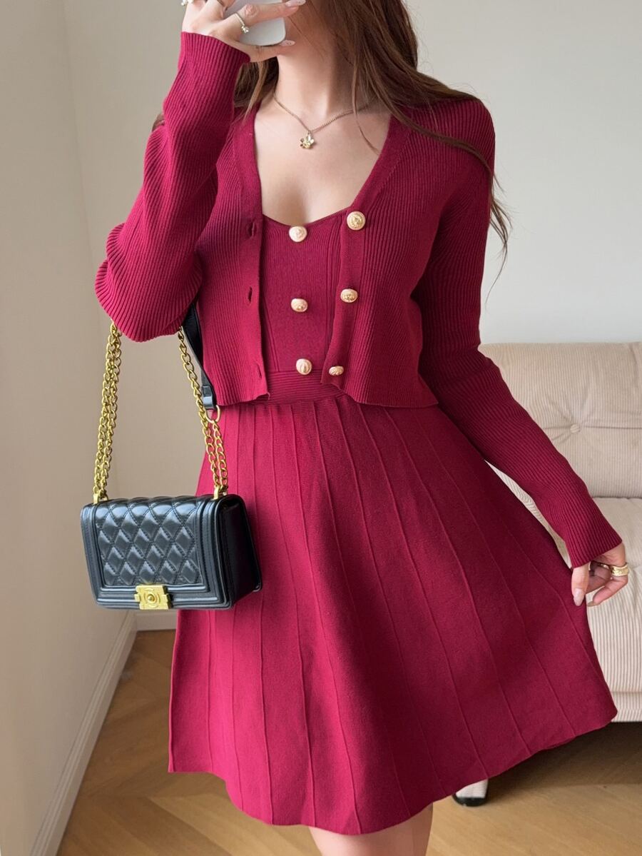 Feyla Women's Solid Color Long Sleeve Single-Breasted Knit Cardigan And Camisole Knit Dress Set - Burgundy - View 1