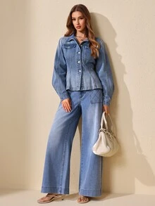 Selenza Women's Long Sleeve Single-Breasted Casual Denim Jacket - Blue - View 5