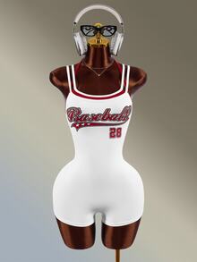 Amplova Celana Pendek Ketat Wanita Model One-Piece Tanpa Punggung dengan Motif Digital Blok Warna Merah & Putih, Tali Ganda, dan Tali Tipis - Red and White - View 10