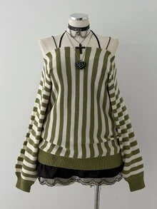 Sunspun Plus Size Women Y2K Street Style Vertical Striped Boat Neck Batwing Sleeve Loose Comfortable Knit Pullover Sweater, Suitable For Spring/Autumn/Winter/Back To School/Daily Commute/Outing/Date/Indoor/Outdoor/Date Outfit - Green - View 4