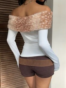 CovetEZ Women's Patchwork Animal Print Fuzzy Off-Shoulder Long Sleeve Fashion T-Shirt - Brown - View 2