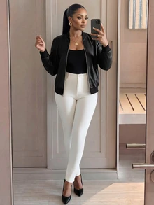 SHEIN Lady CURVE Áo khoác thời trang đa năng cổ bóng chày màu trơn cho nữ size lớn - màu đen - Xem 4