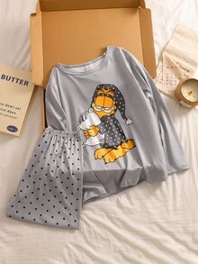 GARFIELD | SHEIN Tween Girl Fashionable Cute Pattern Print Long Sleeve Top & Pants Comfortable Milk Silk Fabric Loungewear Set - Grey - View 3