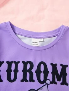HELLO KITTY AND FRIENDS | SHEIN Bộ đồ mặc nhà bé gái tuổi teen gồm áo tay ngắn in chữ và quần short - Màu tím - Xem 3