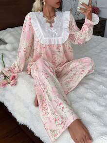 CottageSlumber Set Pakaian Santai Wanita Premium Gaya Korea Minimalis Bergaris dan Bermotif Bunga Lengan Panjang Longgar - Berwarna merah muda - View 4