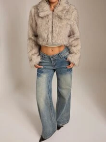 SHEIN PETITE Plush Gradient Women's Fake Fur Jacket, Cropped Style, Warm And Suitable For Autumn And Winter - Apricot - View 4