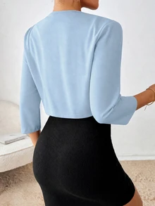 SHEIN Essnce 女款休閒通勤純色短版夾克 - 藍色 - 查看 2