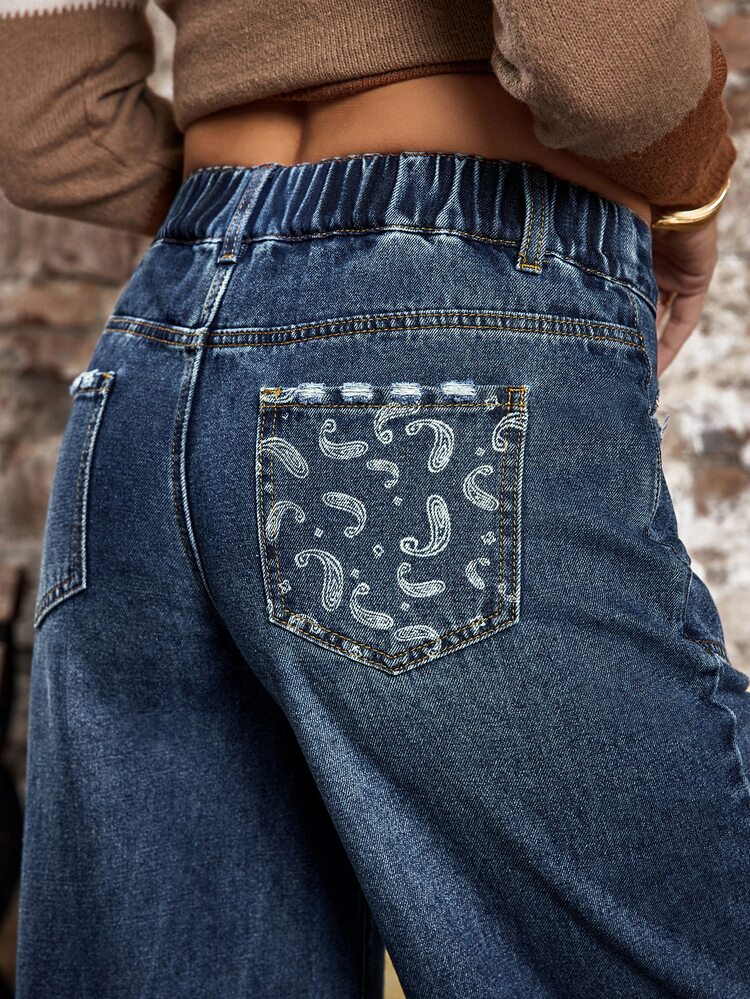 SHEIN PETITE Women's Pocket Design Casual Tapered Cropped Jeans - Blue - View 3