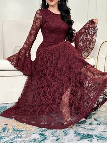 Feyla Women's Round Neck Flare Sleeve Elegant Lace Dress - Red - View 4
