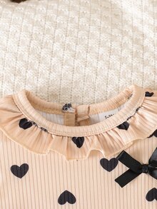 SHEIN Girls' Spring/Autumn Long Sleeve Ribbed High Elastic Set, Sweet Large Ruffle Collar With Delicate Bow, Black Heart Print, Stylish And Durable, Princess Style For Toddlers - Khaki - View 3