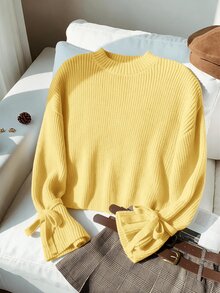 SHEIN 女童少女款寬鬆極簡圓領綁帶袖秋季毛衣，棕色針織羅紋蝴蝶結套頭衫，適合冬季校園返校穿搭 - 黃色 - 查看 4