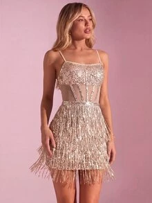 SHEIN Glamour 女款亮片流蘇網紗拼接性感細肩帶洋裝，辣妹金色夏季晚宴派對夜店約會洋裝 - 香檳色 - 查看 2
