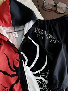SHEIN 小男孩春夏秋款卡通恐龍圖案黑白對比色連帽薄外套與純色長褲2件套，適合戶外旅行與出遊 - 彩色 - 查看 4