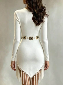 Glimmora Plus Size Elegant Tassel Hem Long Sleeve Business Dress - White - View 2