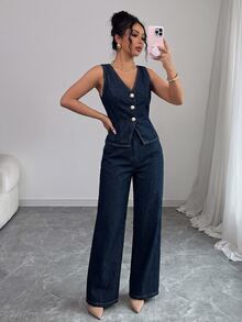 Elenzga Fashion Casual Washed Denim Vest & Pants Set - Dark Wash - View 3