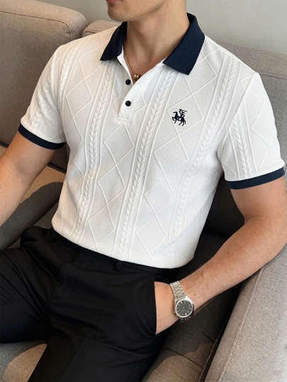 Manfinity Homme Plus Size Men's Diamond Lattice Jacquard Textured Polo Shirt, Contrast Collar Short Sleeve Top, Old Money Style Elegant Casual Summer T-Shirt, Daily Golf Outfit