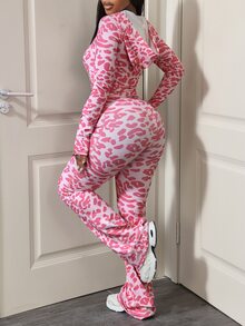 SHEIN Core Rhythm Women's Slim Fit Leopard Print Zip-Up Sportswear Set - Pink - View 1