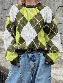 FRIFUL Women's Vintage Vacation Jacquard Long Sleeve Sweater, Fashionable And Versatile Fall Plaid - Khaki - View 3