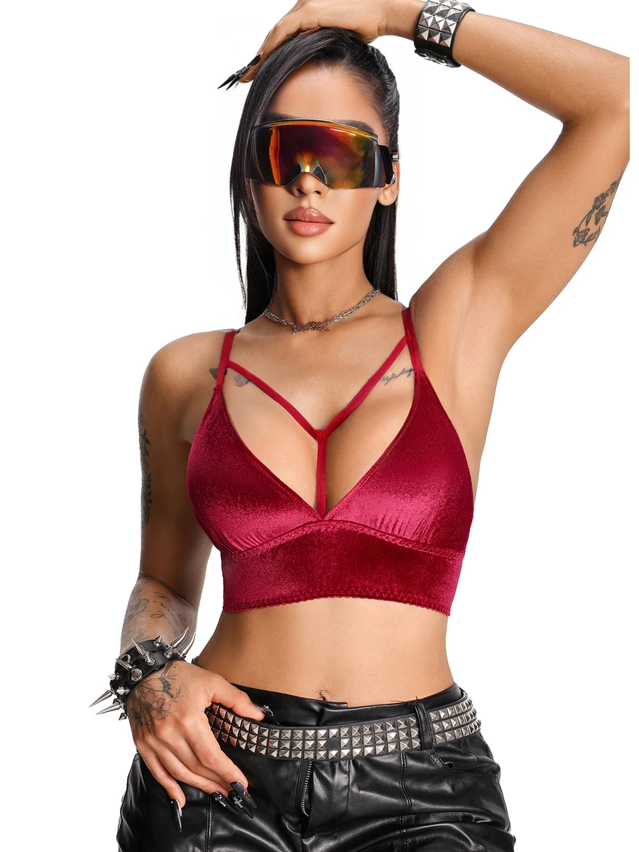 AltBold 1pc Women's Velvet Sexy Lingerie Burgundy Wireless Bra - Burgundy - View 1
