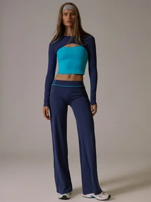 Musera Sport Contrast Piped Edge Low Rise Straight Leg Yoga Style Coord Pant Fall Autumn Winter Gym Active Pilates Motion - Navy Blue - View 1