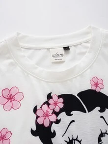 Betty Boop x SHEIN Men's Floral Print Crew Neck Short Sleeve Casual T-Shirt - White - View 4